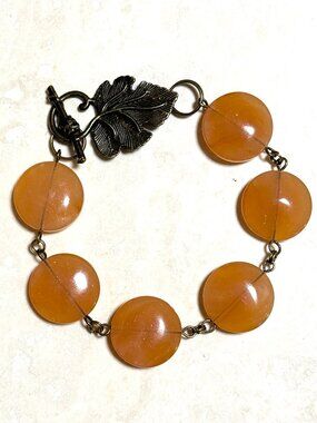 2/$20, Genuine Orange Agate Bracelet,Natural Gemstone & Bronze Grape Leaf Toggle
